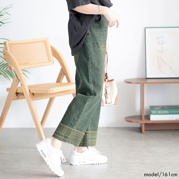 大きいサイズ レディース デザイン裾ストレッチデニムパンツ　goldy-1508