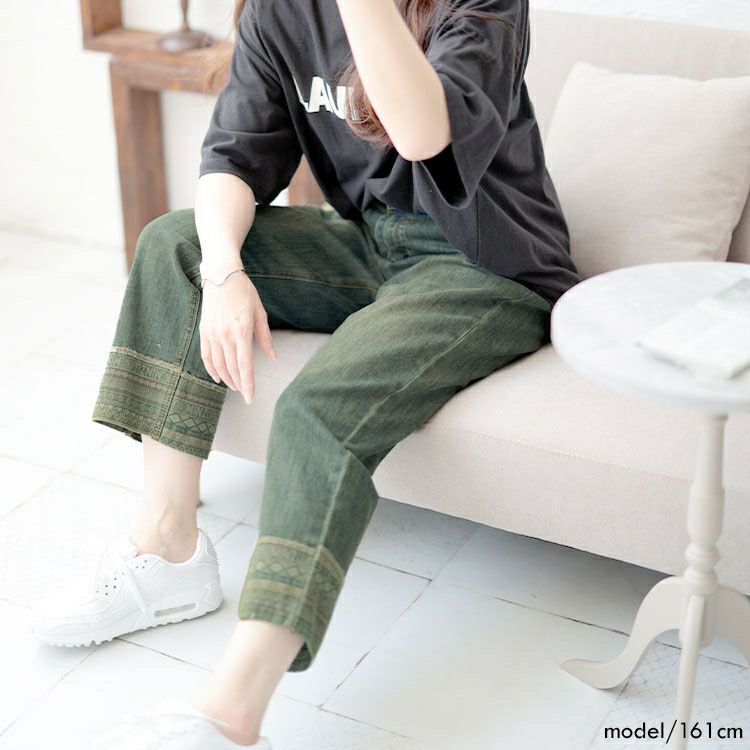 大きいサイズ レディース デザイン裾ストレッチデニムパンツ　goldy-1508