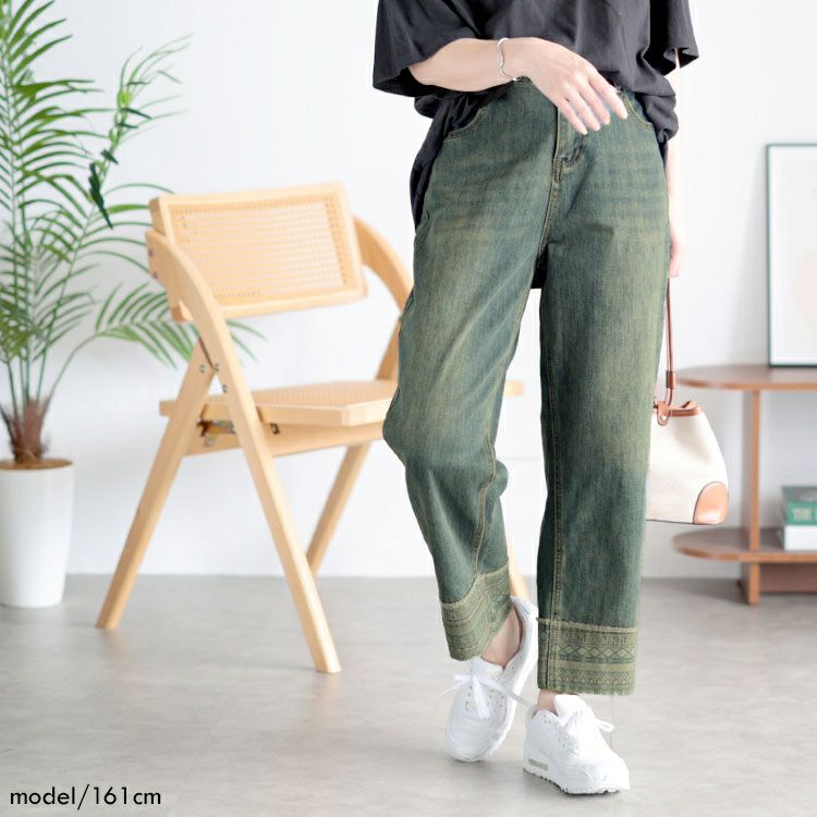 大きいサイズ レディース デザイン裾ストレッチデニムパンツ　goldy-1508