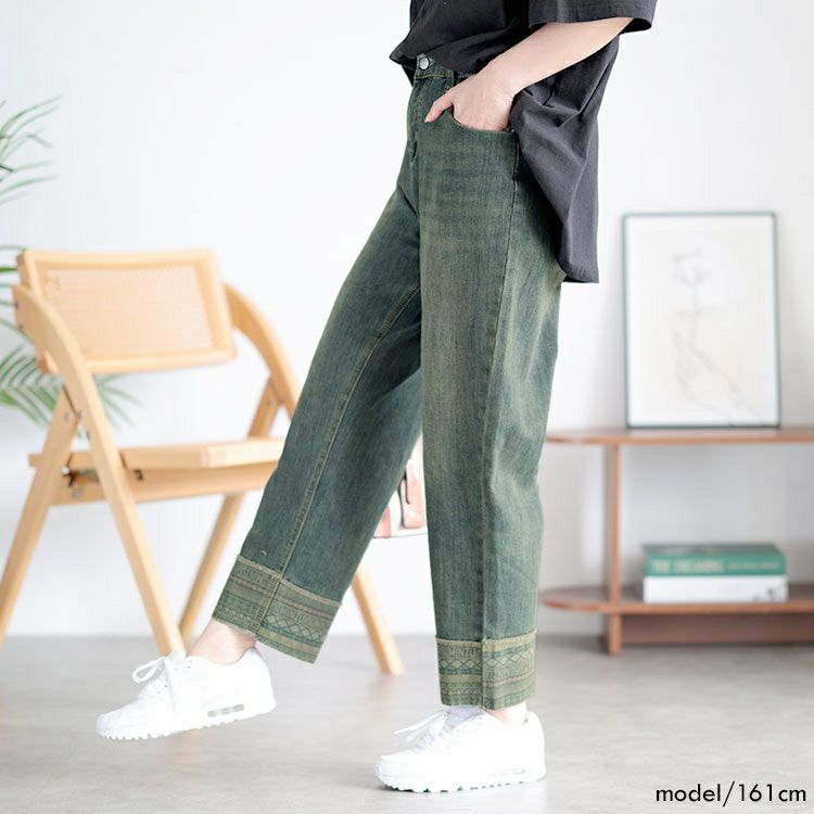 大きいサイズ レディース デザイン裾ストレッチデニムパンツ　goldy-1508