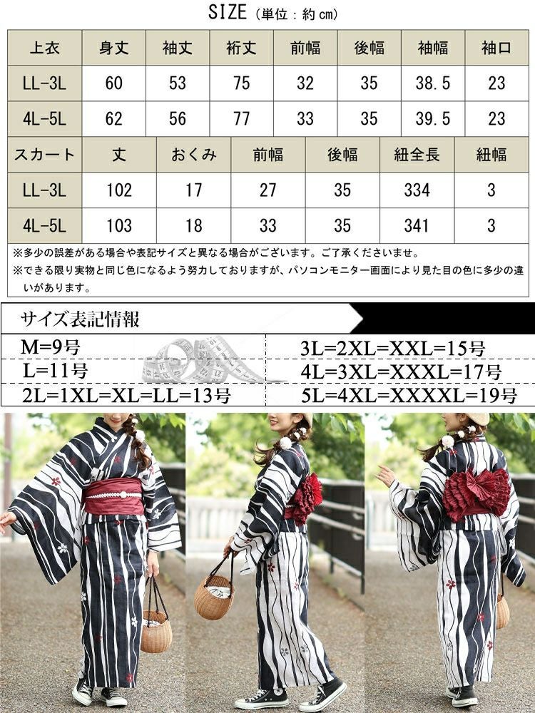 大きいサイズ レディース 【シアー浴衣】浴衣4点セット よろけに桜柄 上下セパレート浴衣＆結び帯＆インナー（4点）　yukata-s9s
