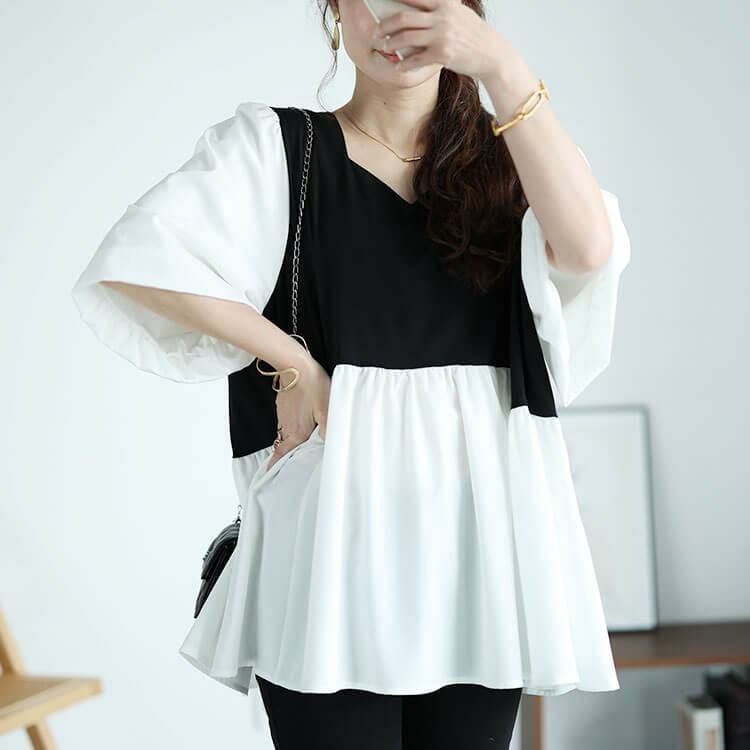 大きいサイズ レディース 接触冷感ハートネック切り替えペプラムプルオーバー　mncut-142421 ブラック