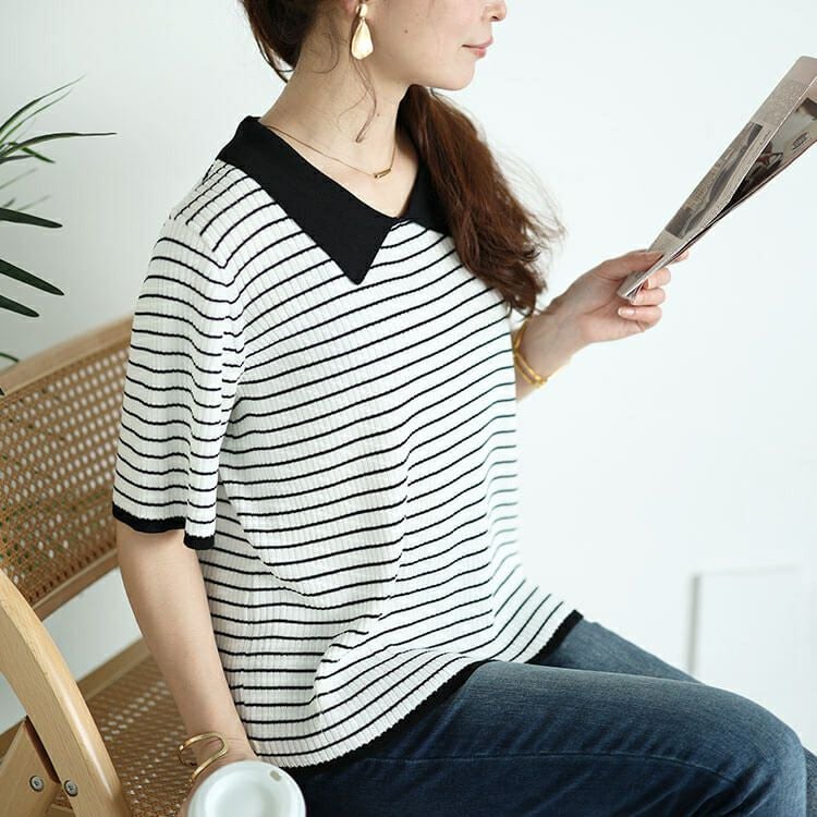 大きいサイズ レディース 襟付きリブニット　bro-0047