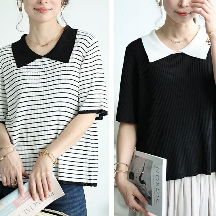 大きいサイズ レディース 襟付きリブニット　bro-0047