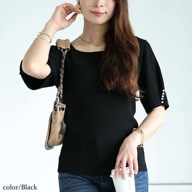 大きいサイズ レディース 袖パールスクエアニット　bro-0046