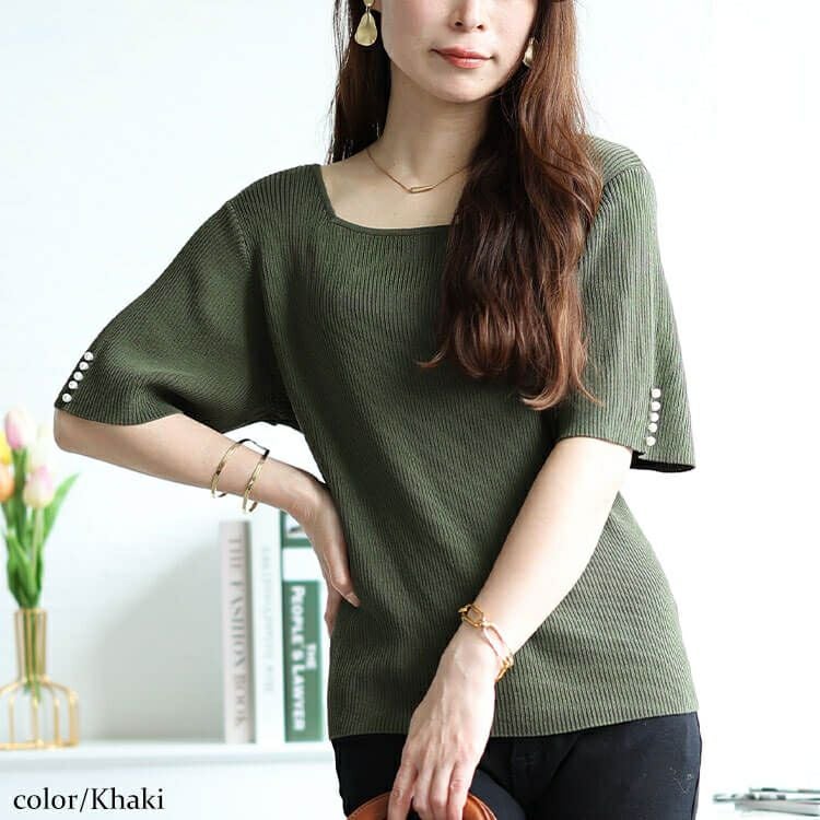 大きいサイズ レディース 袖パールスクエアニット　bro-0046