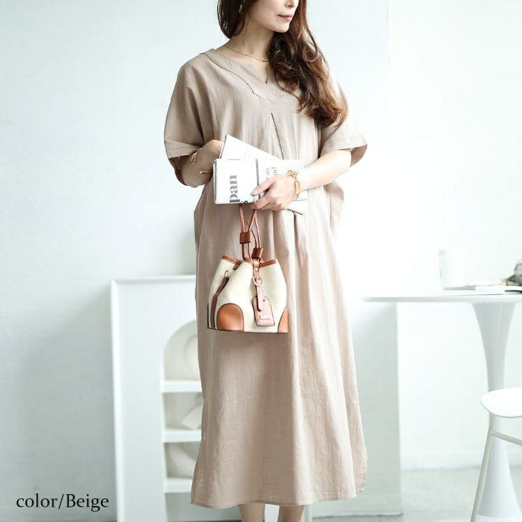 大きいサイズ レディース キーネックセンタータックドルマンワンピース　fem-475 【メール便可】