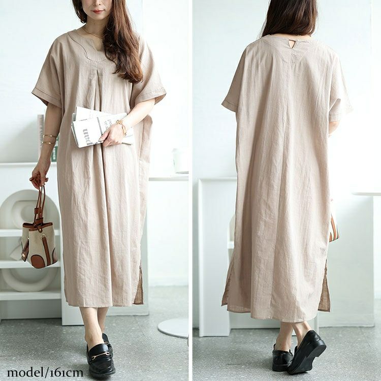 大きいサイズ レディース キーネックセンタータックドルマンワンピース　fem-475 【メール便可】