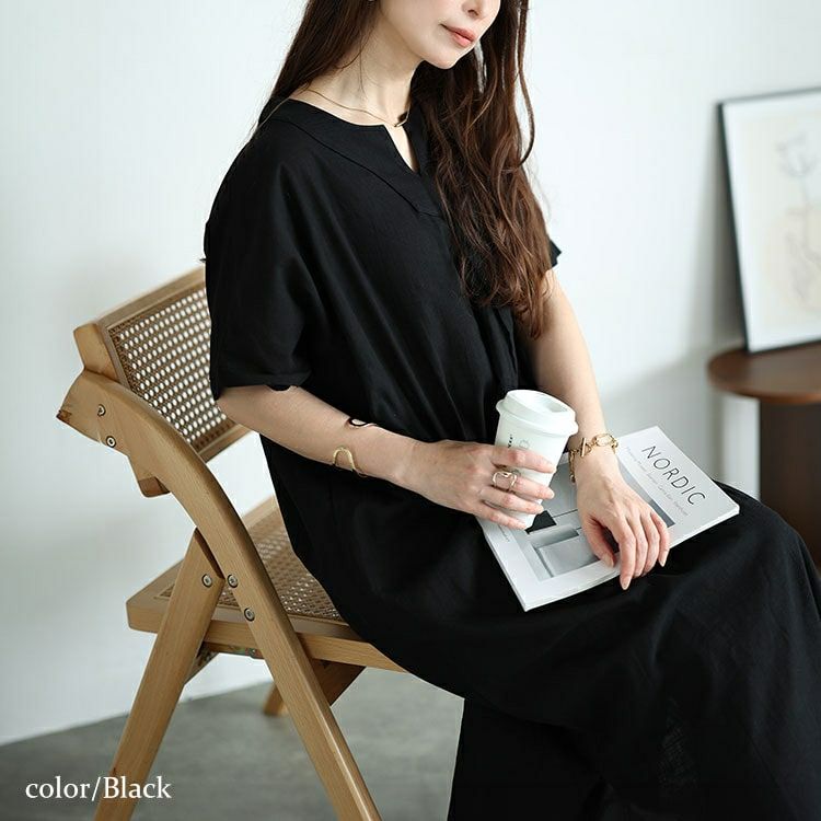 大きいサイズ レディース キーネックセンタータックドルマンワンピース　fem-475 【メール便可】