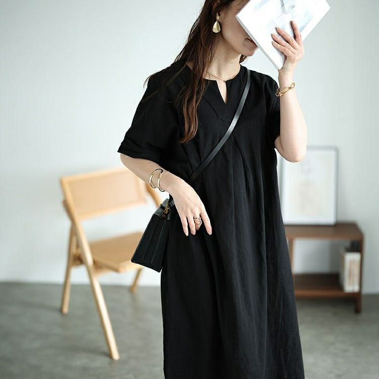 大きいサイズ レディース キーネックセンタータックドルマンワンピース　fem-475 【メール便可】