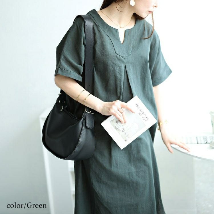 大きいサイズ レディース キーネックセンタータックドルマンワンピース　fem-475 【メール便可】