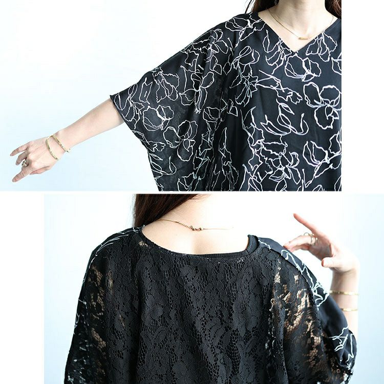大きいサイズ レディース アートモダンフラワー柄バックレースドルマン　fem-470 【ゆうパケット可】