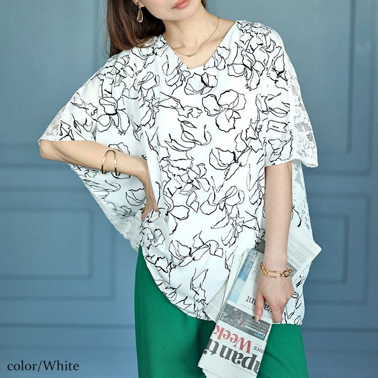 大きいサイズ レディース アートモダンフラワー柄バックレースドルマン　fem-470 【ゆうパケット可】