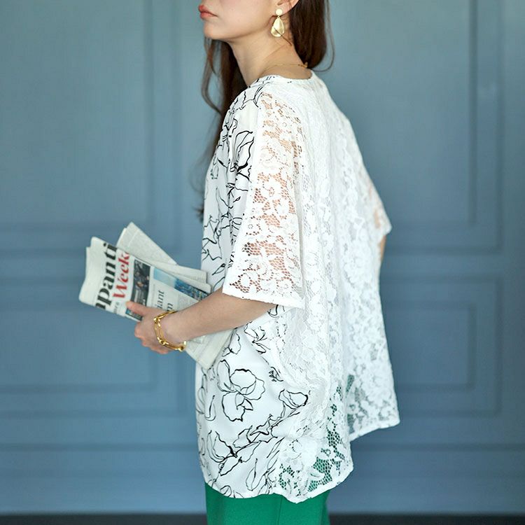 大きいサイズ レディース アートモダンフラワー柄バックレースドルマン　fem-470 【ゆうパケット可】