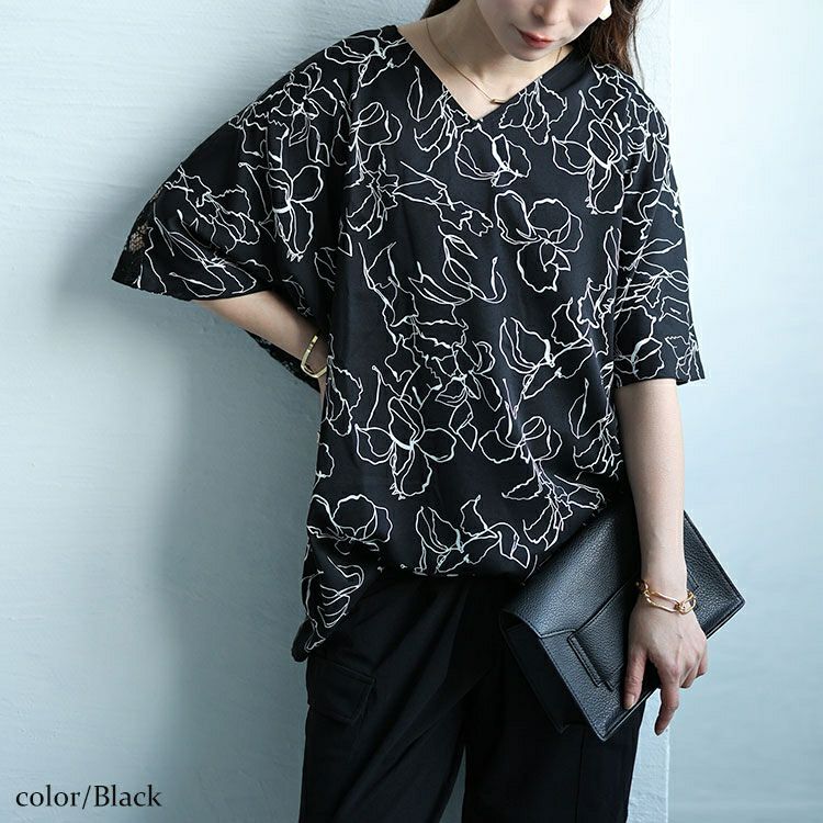 大きいサイズ レディース アートモダンフラワー柄バックレースドルマン　fem-470 【ゆうパケット可】