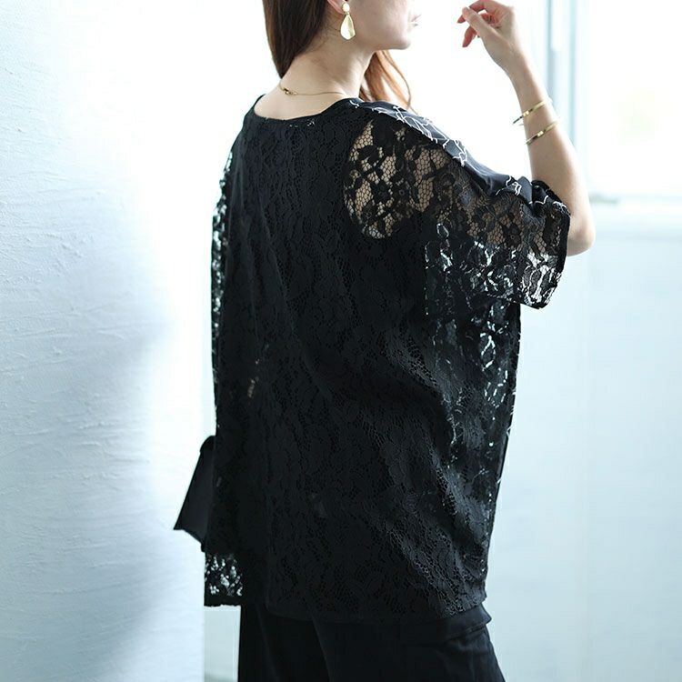 大きいサイズ レディース アートモダンフラワー柄バックレースドルマン　fem-470 【ゆうパケット可】