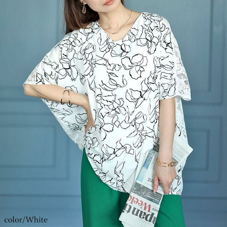 大きいサイズ レディース アートモダンフラワー柄バックレースドルマン　fem-470 【ゆうパケット可】 ホワイト