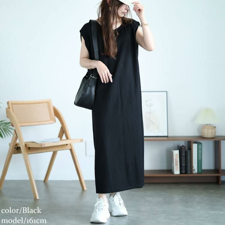 大きいサイズ レディース 接触冷感＆UVカット＆吸湿速乾タックスリーブワンピース　map-30 ブラック
