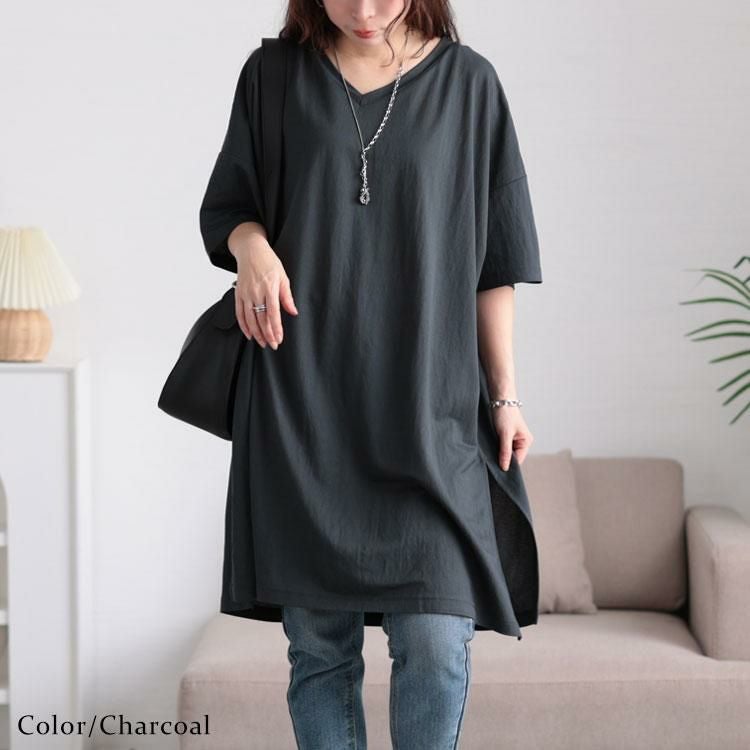 大きいサイズ レディース 接触冷感＆UVカット＆吸湿速乾サイドスリットチュニック　map-29 チャコール