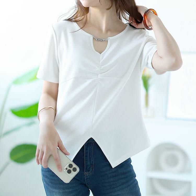 大きいサイズ レディース チェーン付きキーネックギャザーカットソー　goldy-1506 【メール便可】 ホワイト