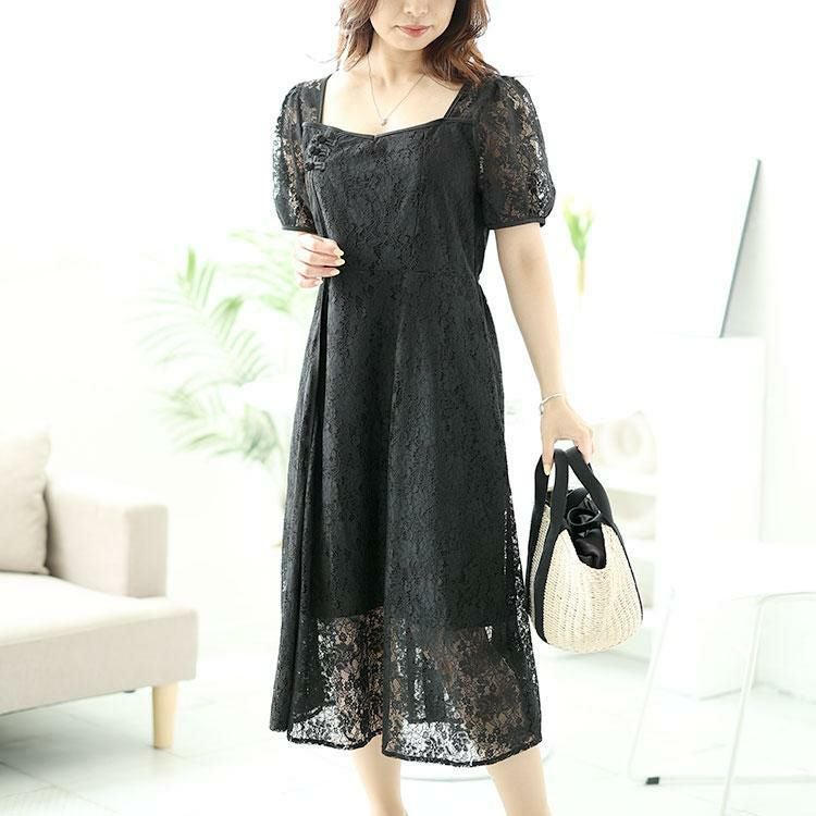 大きいサイズ レディース 総レーススリットロングワンピース　goldy-1500 ブラック