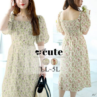 大きいサイズ レディース バックシャーリング花柄ワンピース　goldy-1499