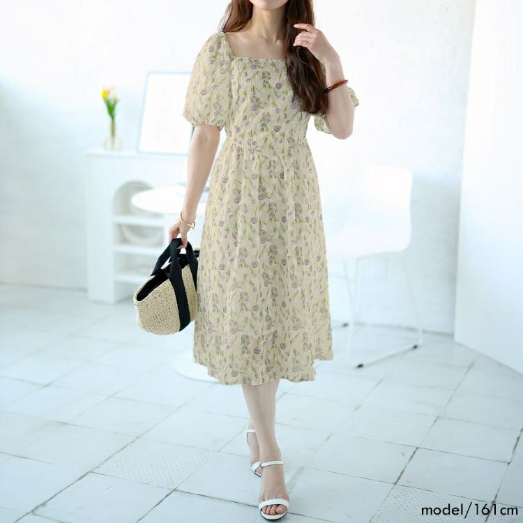 大きいサイズ レディース バックシャーリング花柄ワンピース　goldy-1499