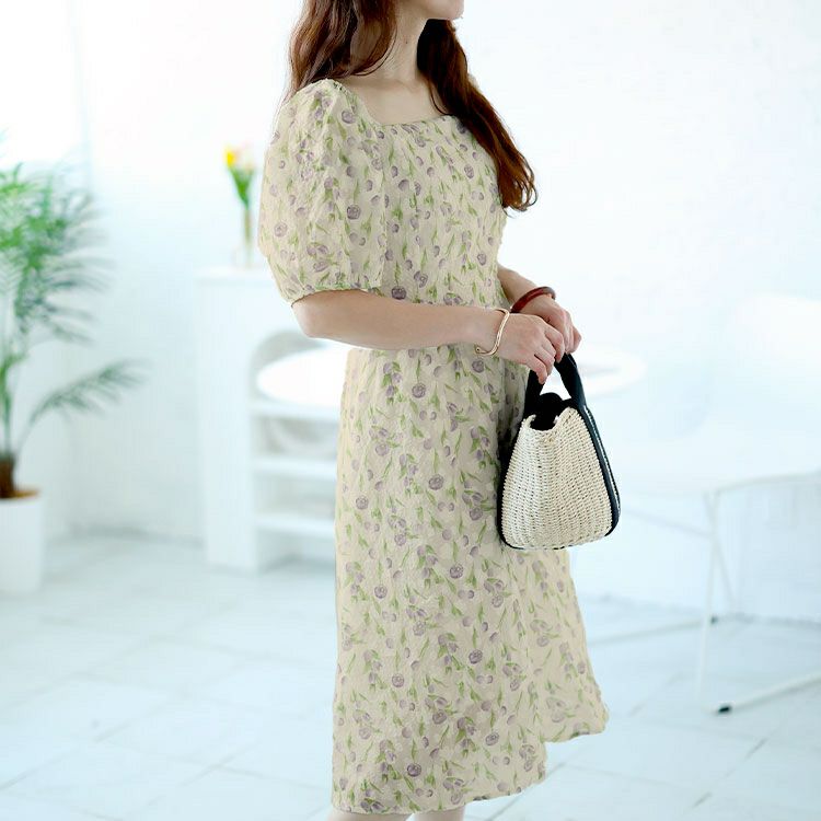 大きいサイズ レディース バックシャーリング花柄ワンピース　goldy-1499