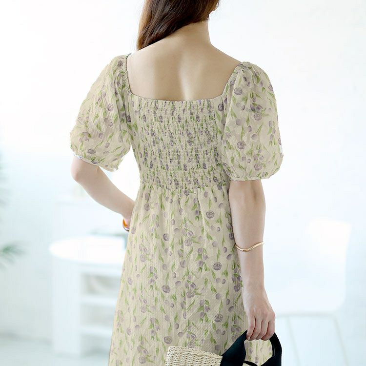 大きいサイズ レディース バックシャーリング花柄ワンピース　goldy-1499