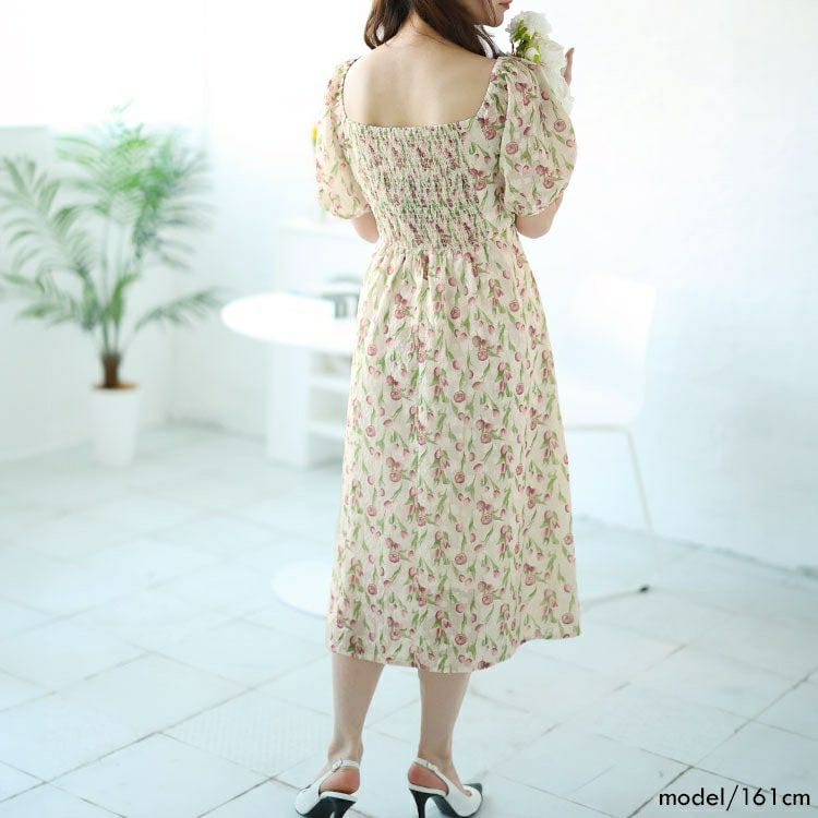 大きいサイズ レディース バックシャーリング花柄ワンピース　goldy-1499