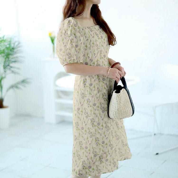 大きいサイズ レディース バックシャーリング花柄ワンピース　goldy-1499 パープル