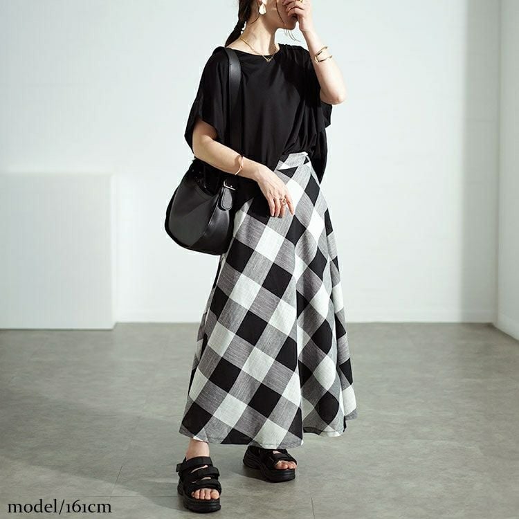 大きいサイズ レディース ビッグチェックロングフレアスカート　nw-24025