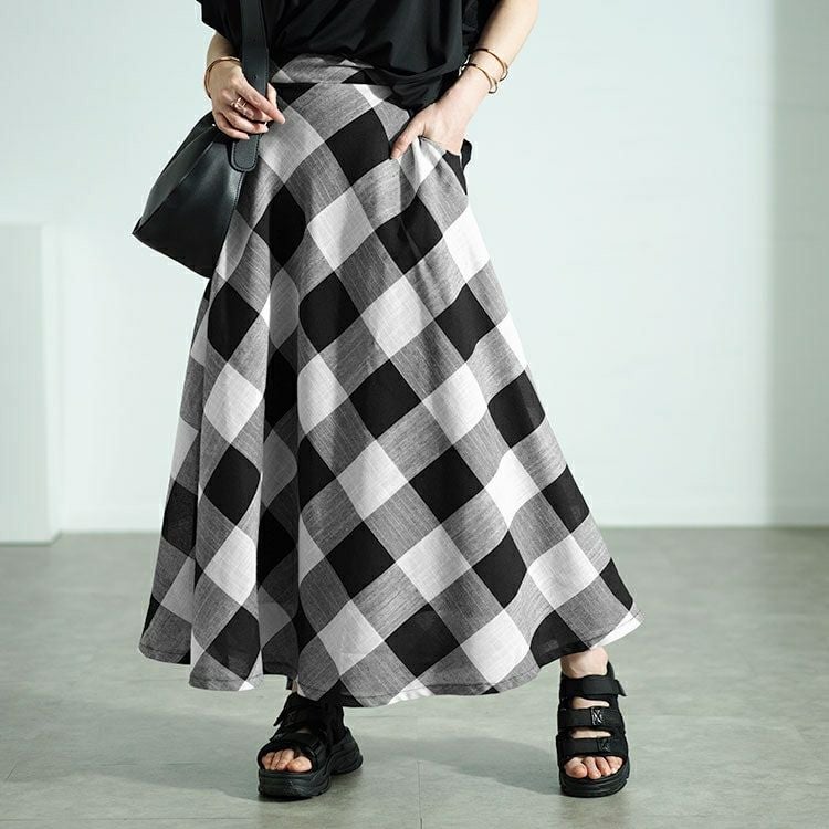 大きいサイズ レディース ビッグチェックロングフレアスカート　nw-24025
