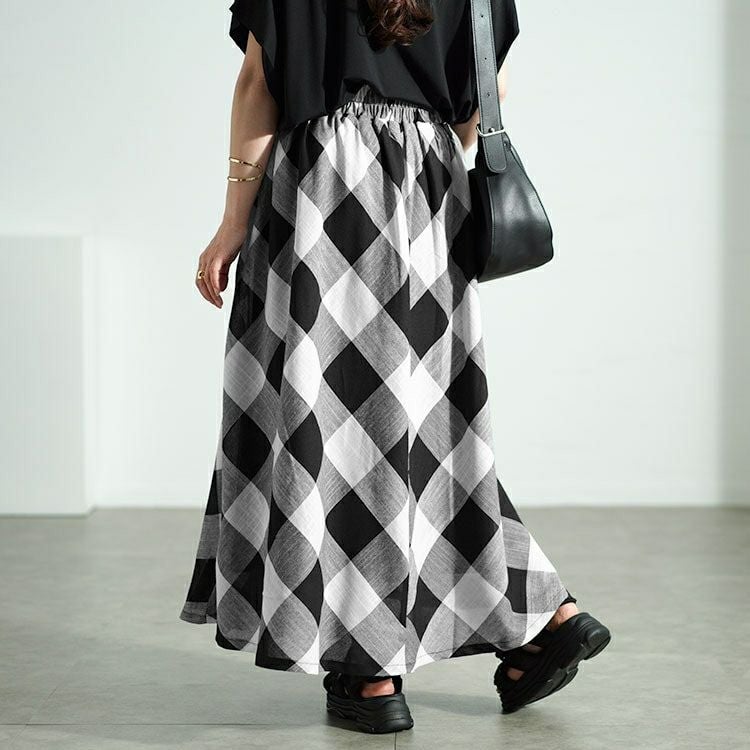 大きいサイズ レディース ビッグチェックロングフレアスカート　nw-24025