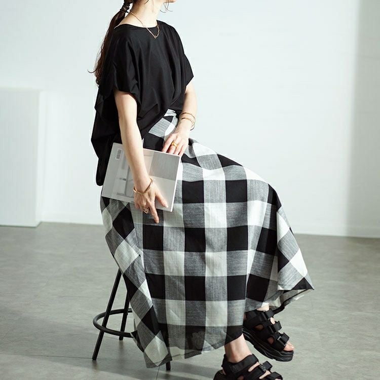 大きいサイズ レディース ビッグチェックロングフレアスカート　nw-24025