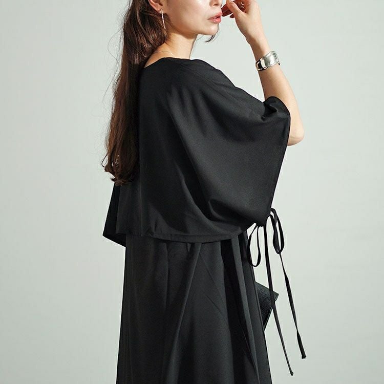 大きいサイズ レディース フェイクトップスレイヤードサイドリボンワンピース　nw-24024