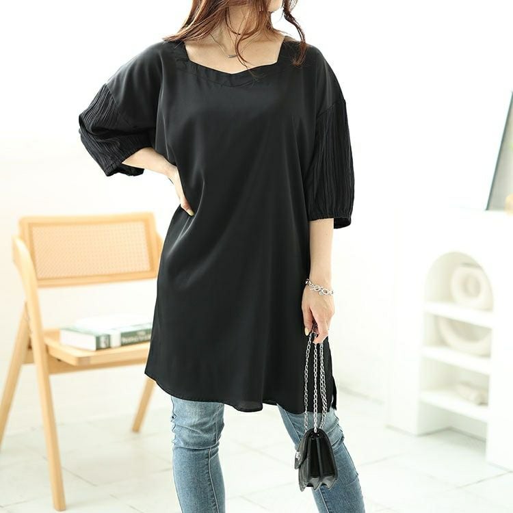 大きいサイズ レディース 袖シャーリング切り替えチュニック　fem-485 【メール便可】