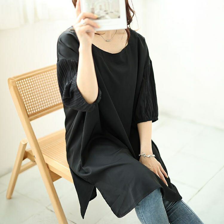 大きいサイズ レディース 袖シャーリング切り替えチュニック　fem-485 【メール便可】