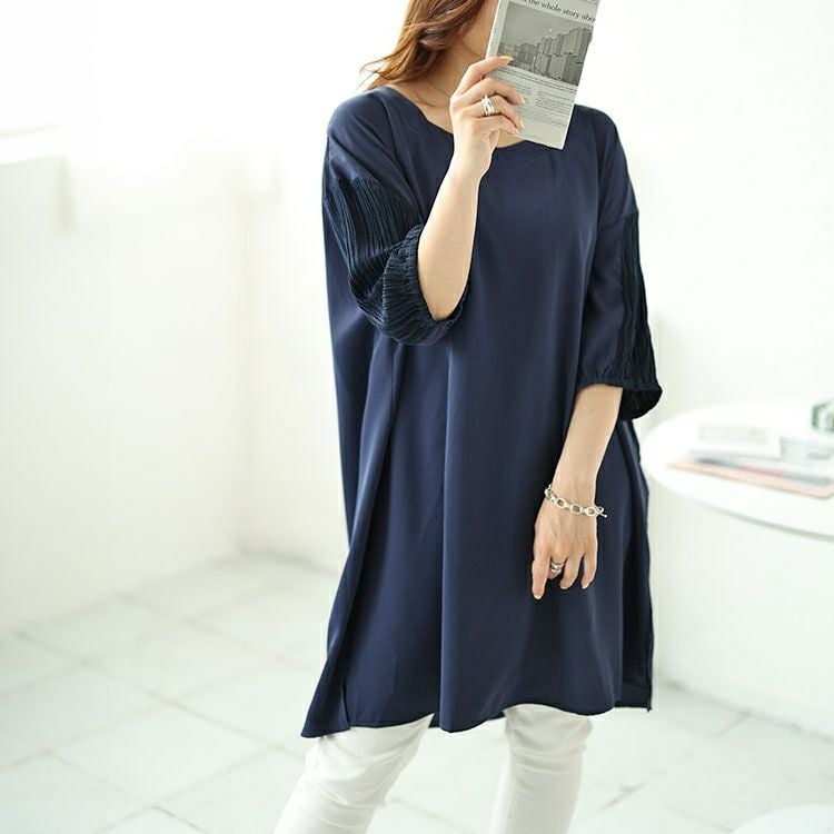 大きいサイズ レディース 袖シャーリング切り替えチュニック　fem-485 【メール便可】