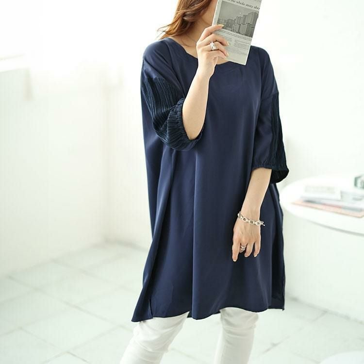 大きいサイズ レディース 袖シャーリング切り替えチュニック　fem-485 【メール便可】 ネイビー