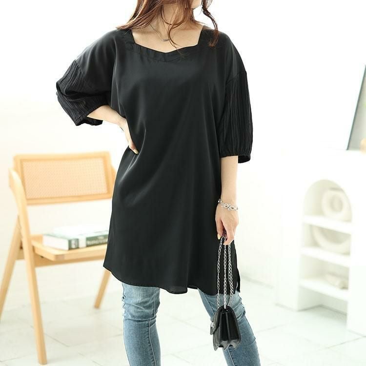 大きいサイズ レディース 袖シャーリング切り替えチュニック　fem-485 【メール便可】 ブラック