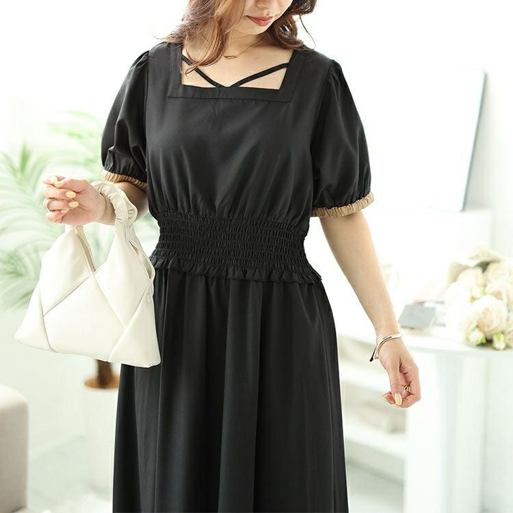 大きいサイズ レディース 配色クロスネックワンピース　fem-488