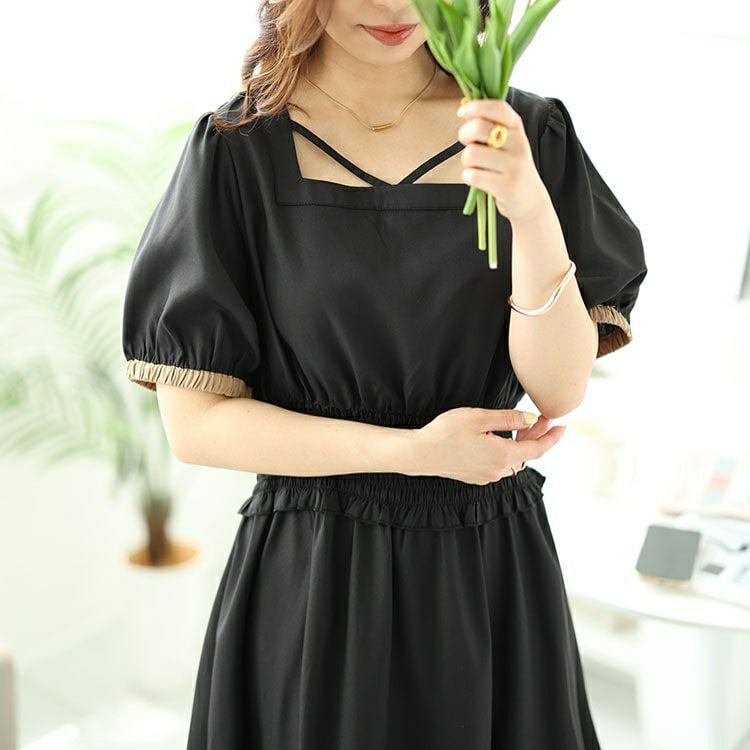 大きいサイズ レディース 配色クロスネックワンピース　fem-488