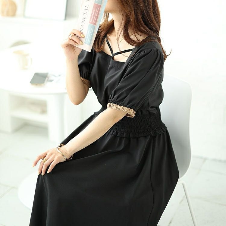 大きいサイズ レディース 配色クロスネックワンピース　fem-488