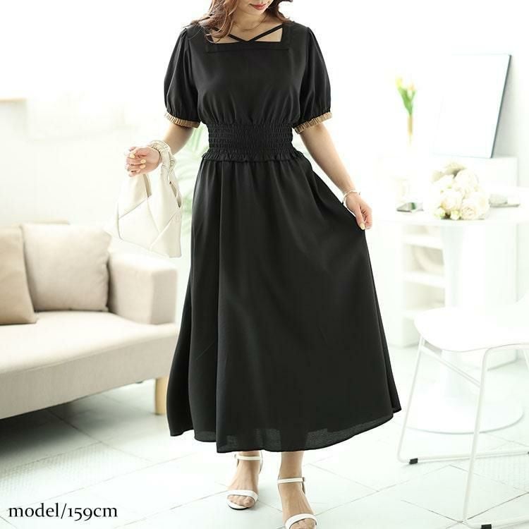 大きいサイズ レディース 配色クロスネックワンピース　fem-488 ブラック