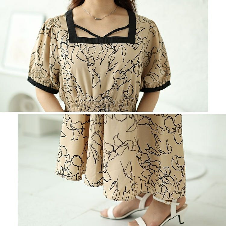 大きいサイズ レディース モダン花柄配色クロスネックワンピース　fem-483