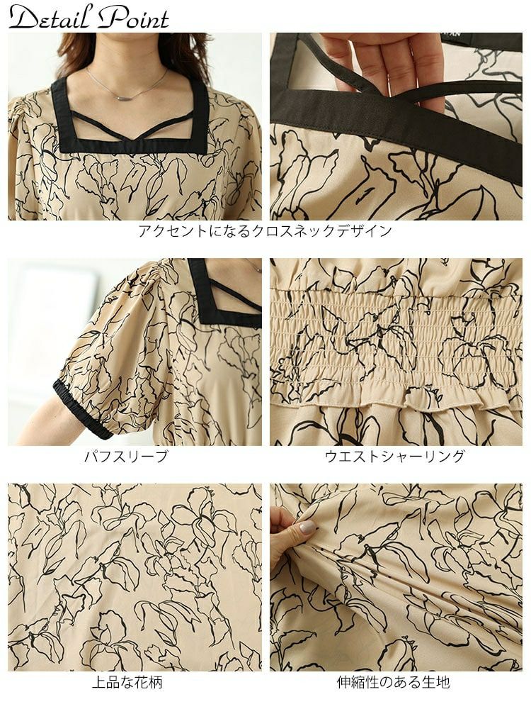 大きいサイズ レディース モダン花柄配色クロスネックワンピース　fem-483