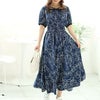 大きいサイズ レディース モダン花柄配色クロスネックワンピース　fem-483 ネイビー