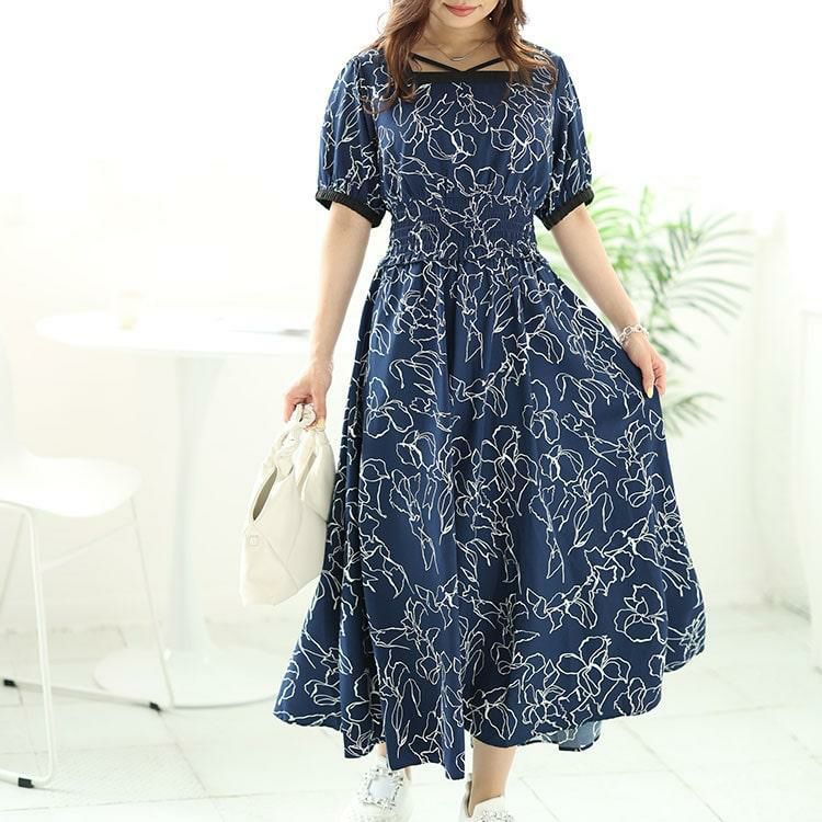 大きいサイズ レディース モダン花柄配色クロスネックワンピース　fem-483 ネイビー