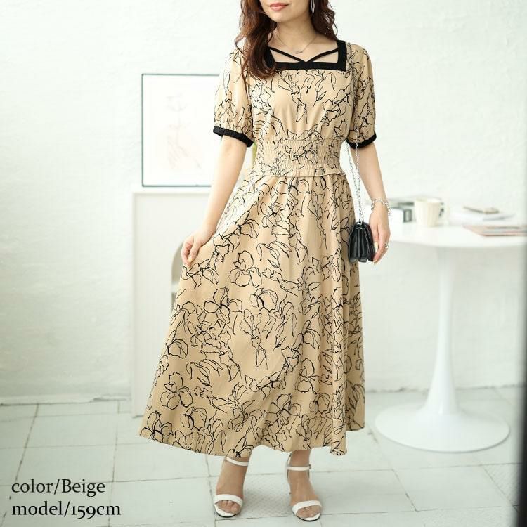 大きいサイズ レディース モダン花柄配色クロスネックワンピース　fem-483 ベージュ